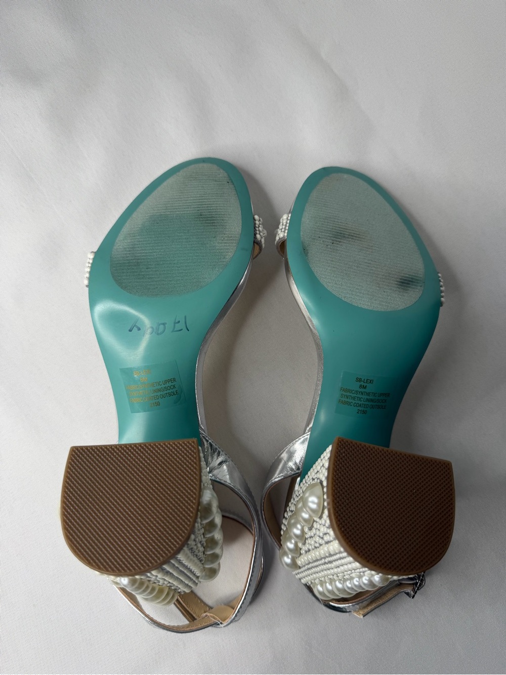 Betsey Johnson Lexi Silver Pearl-Embellished Block Heels Size 8 - Picture 7 of 8